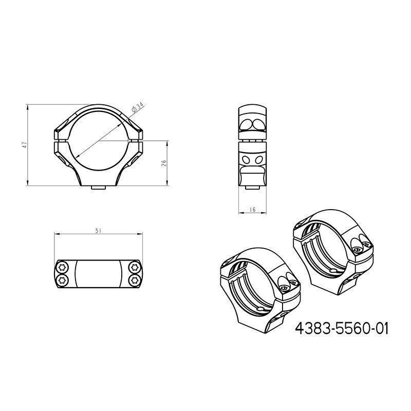 34mm kiikaritähtäinten kiinnitys | lyhyt Picatinny QD Ergo -jalusta 