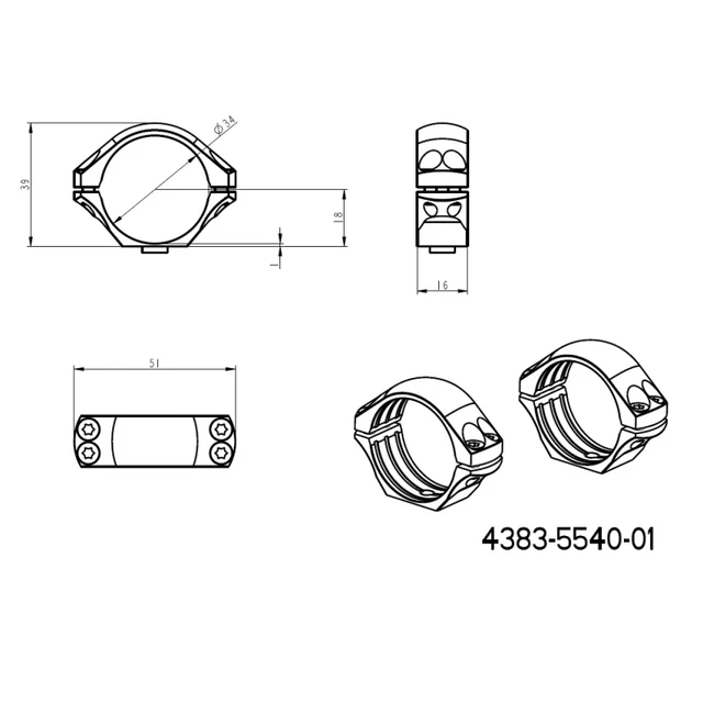 34 mm kiikaritähtäinten kiinnitys | pitkä Picatinny QD Tactical -jalusta 